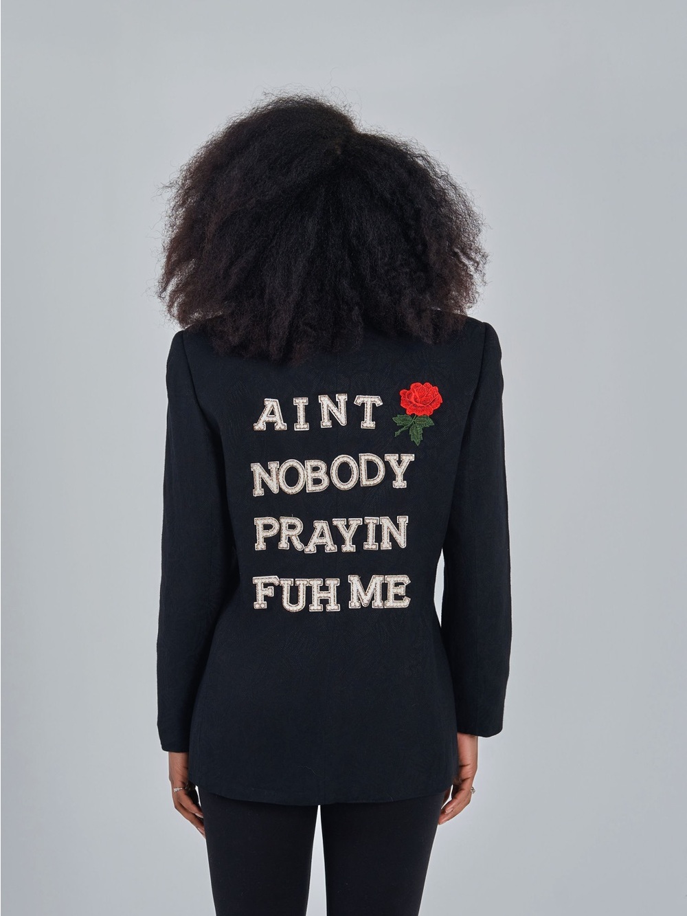 Amanda Smith Black Blazer with Embroidered Slogan and Red Rose